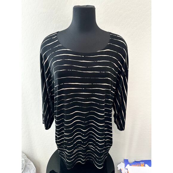 CHICO’S TRAVELERS | Black Tan Striped Dolman Sleeve Top | Size 2 Large - Picture 2 of 6